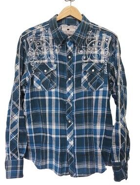 Pop Icon Clothing Buckle Men's Plaid Pearl Snap Y2K Western Shirt Size XL